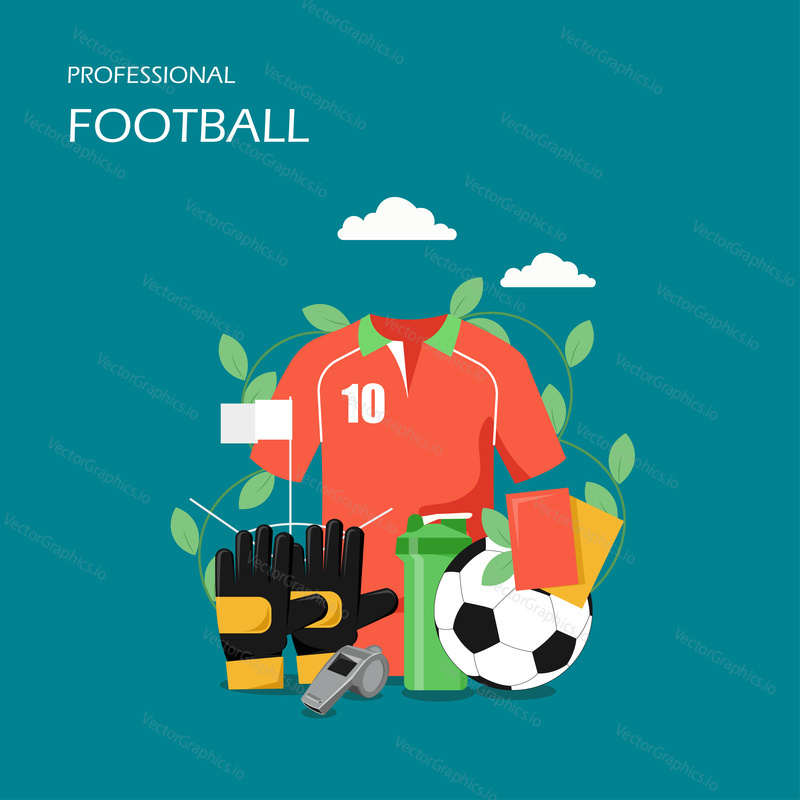 Professional football vector flat style design illustration. Soccer ball, jersey, gloves, red and yellow referee cards, shaker, whistle. Football composition for web banner, website page etc.