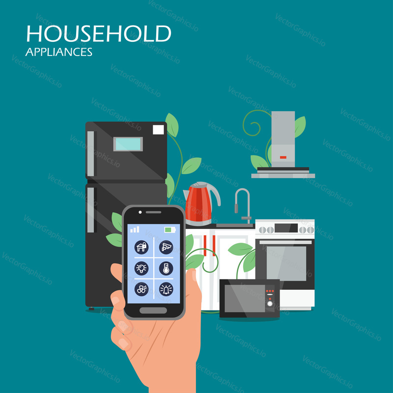 Household appliances vector flat illustration. Hand holding smartphone with remote control app and smart kitchen appliances fridge, stove, microwave, kettle. Internet of things, smart house technology