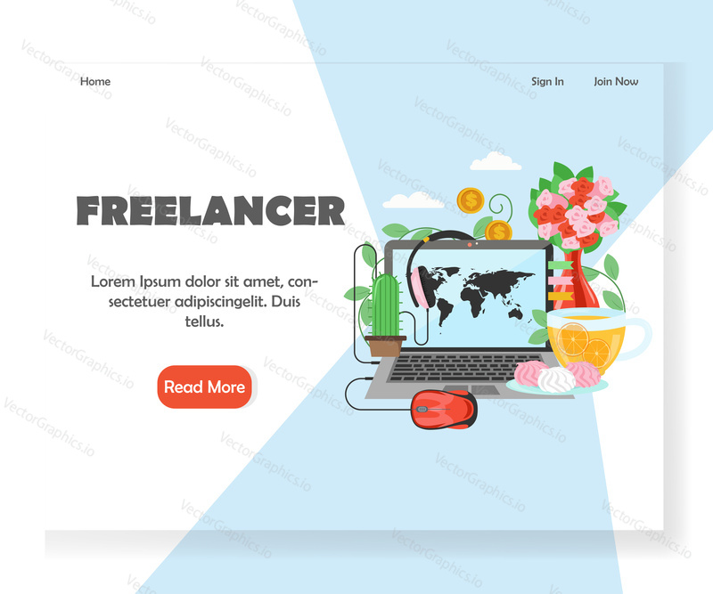 Freelancer landing page template. Vector flat style design concept for freelance website, mobile site development. Comfortable stylish home workplace with modern equipment, freelance service concepts.