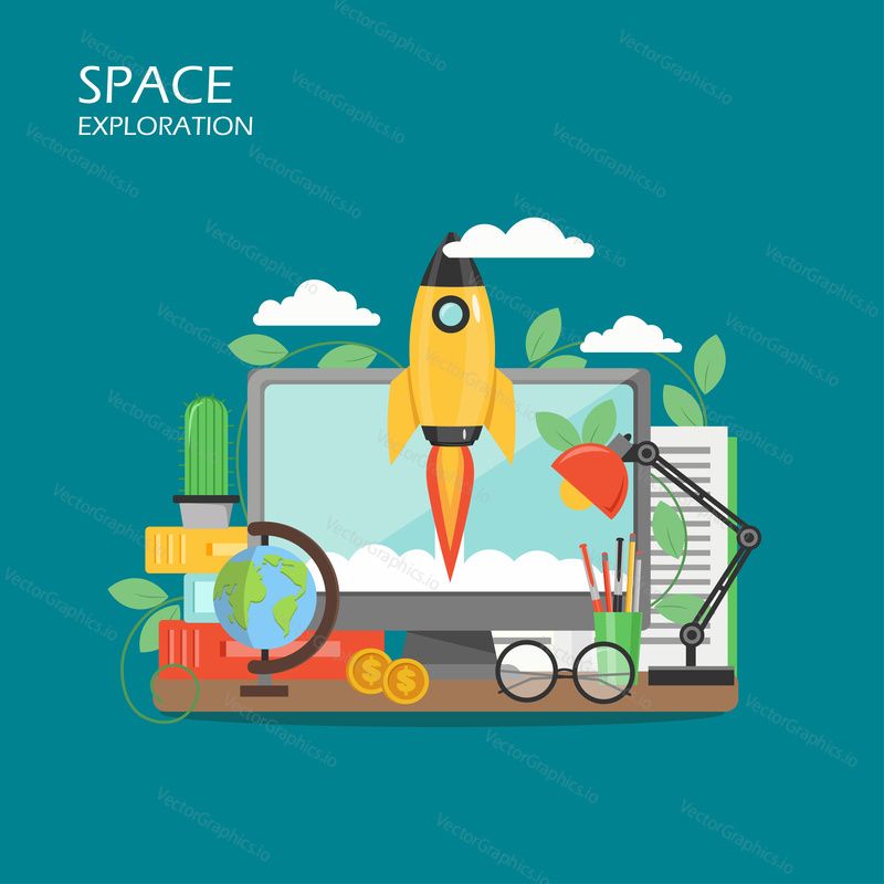 Space exploration concept vector flat illustration for web banner, website page etc. Flying space rocket and computer, desk lamp, globe, stationery, folders on table.