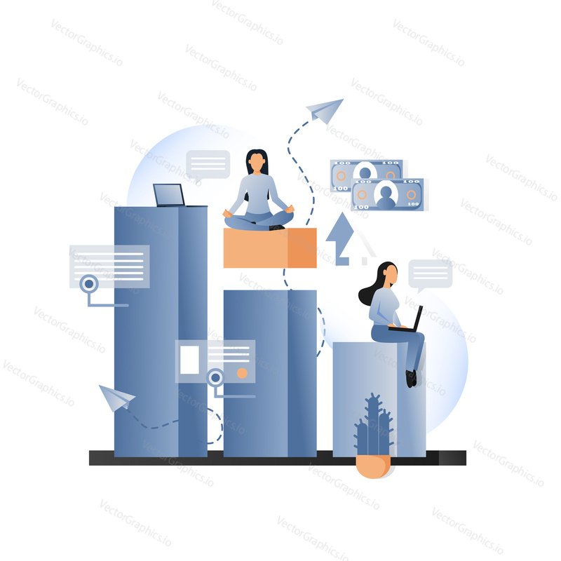 Vector illustration of office people young girls working on laptop, meditating in lotus position while sitting on bar graph. Business metaphorical concept for web banner, website page, presentation.