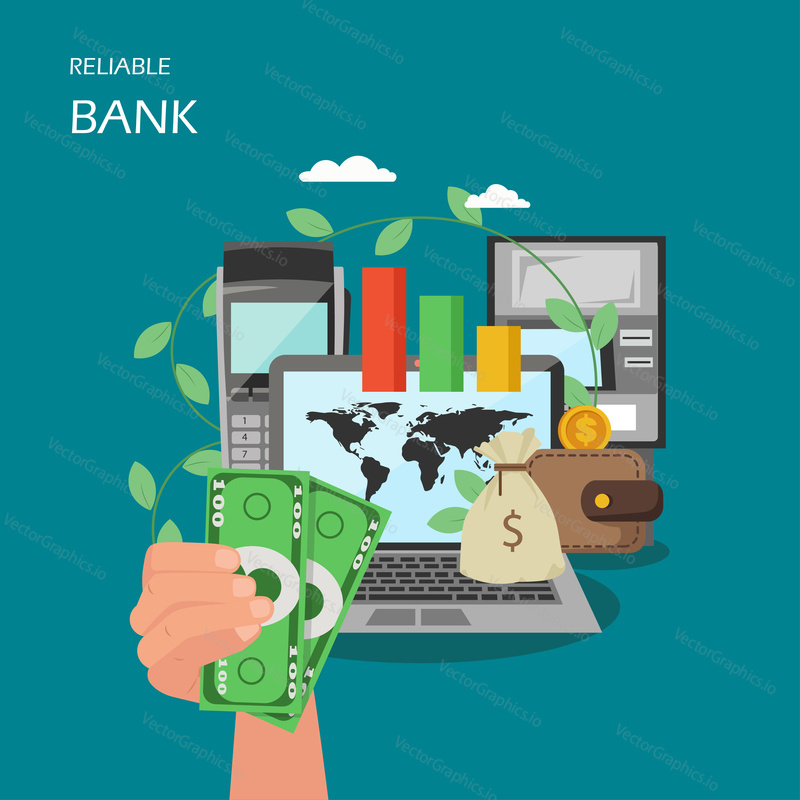 Reliable bank vector flat style design illustration. Hand holding dollar banknotes, laptop with world map on screen, pin pad, money bag, wallet, ATM. Bank purse concept for web banner, website page.