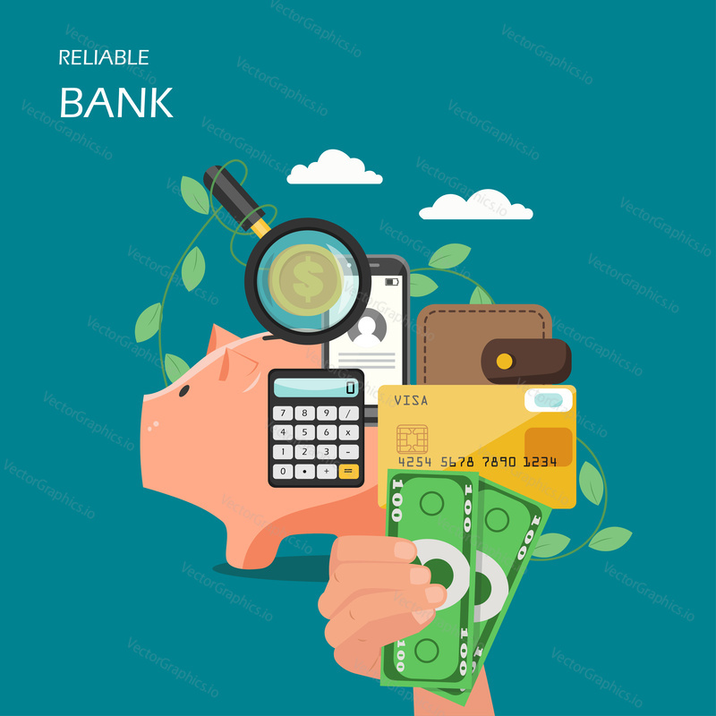 Reliable bank vector flat style design illustration. Hand holding money, credit card, piggy bank, wallet, calculator, magnifier, mobile phone. Reliable savings concept for web banner, website page