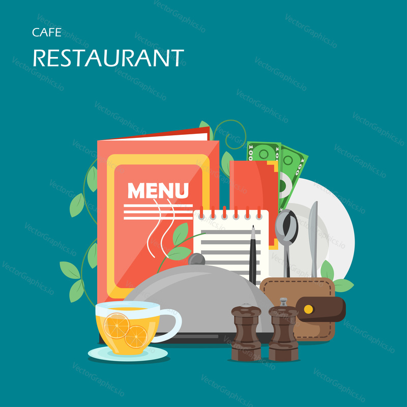 Vector flat illustration of tableware, menu, notepad with pen, serving platter with dome lid, wallet, money, cup of tea with lemon. Cafe or restaurant services concept for web banner, website page etc