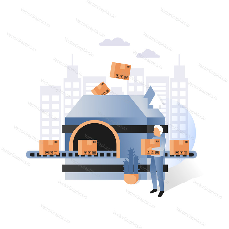 Conveyor automatic production line with cardboard boxes. Vector illustration of man holding carton. Paper packaging factory concept for web banner, website page, presentation etc.