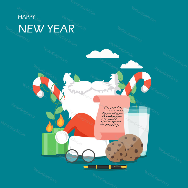 Happy New Year vector flat style design illustration. Santa hat, white beard and mustache, candles, glass of milk with cookies, candy canes, pen and letter to Santa Claus.