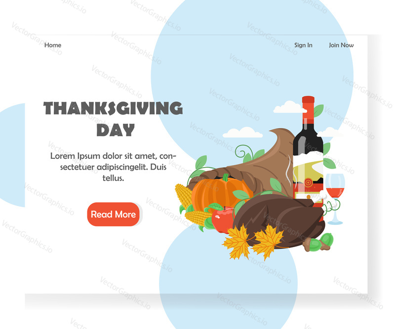 Thanksgiving Day landing page template. Vector flat style design concept for website, mobile site development. Roasted turkey, wine, maple leaves, acorns, cornucopia with pumpkin, corn cobs, apple.