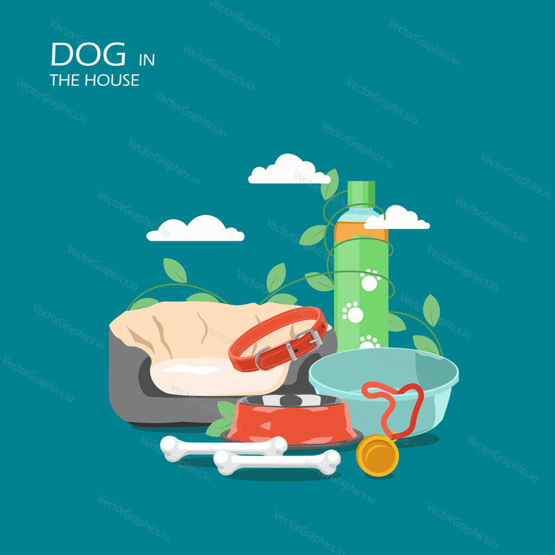 Dog in the house vector flat style design illustration. Bed, collar, food and wash bowls, bones, shampoo. Pet dog care, shower and bath accessories for web banner, website page etc.