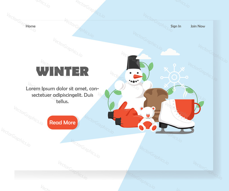 Winter vector website template, web page and landing page design for website and mobile site development. Cute snowman, skate, warm hat and mittens, teddy bear, cup of hot tea, snowflake.