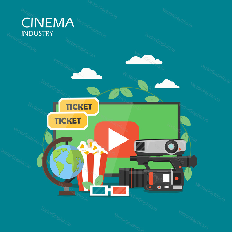 Cinema industry vector flat illustration. Screen with play button, camcorder, tickets, globe, popcorn, 3d glasses. Cinematography concept for web banner website page etc