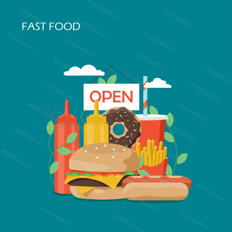 Fast food vector flat style design illustration. Hotdog, cheeseburger, donut, french fries, soft drink, ketchup and mustard bottles, open signboard. Fast food composition for web banner, website page.