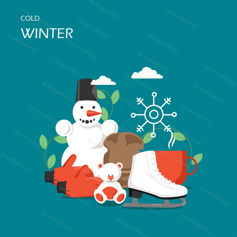 Cold winter vector flat style design illustration. Snowman, skate, warm hat and mittens, teddy bear, cup of hot tea, snowflake. Winter composition for web banner, website page etc.
