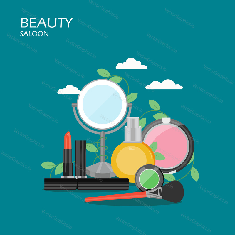 Beauty saloon vector flat style design illustration. Mirrors, mascara, lipstick, blush brush, spray bottle, eye shadow. Beauty parlour, make up studio services concept for web banner, website page etc