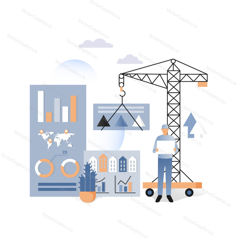 Vector illustration of tower crane building construction business activity monitoring dashboard with statistics graphs. House building concept for web banner, website page, presentation etc.