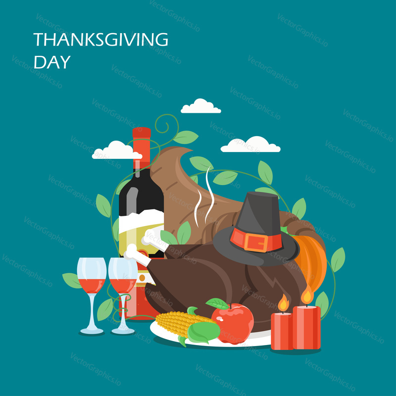 Векторная плоская иллюстрация Дня благодарения. Традиционная запеченная индейка, красное вино, рог изобилия с тыквой, кукурузные початки, яблоко, свечи, мужская шляпа. Концепция Счастливого Дня благодарения для веб-баннера на странице веб-сайта
