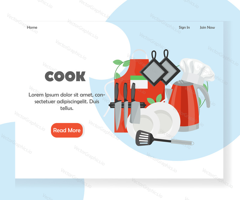 Cook landing page template. Vector flat style design concept for website and mobile site development. Kitchen utensils. Apron, kettle with chef hat, kitchen knives, plates, spatula and potholders.
