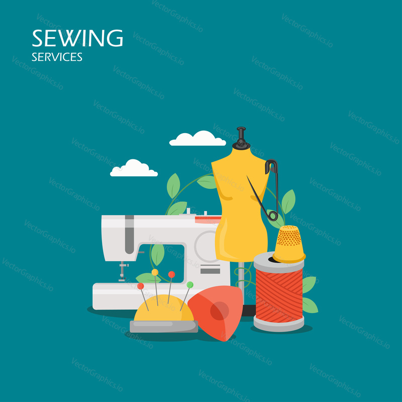 Sewing services vector flat style design illustration. Sewing machine, dummy, crayon, pins, pincushion, thread, thimble. Tailoring tools and equipment composition for web banner, website page etc.