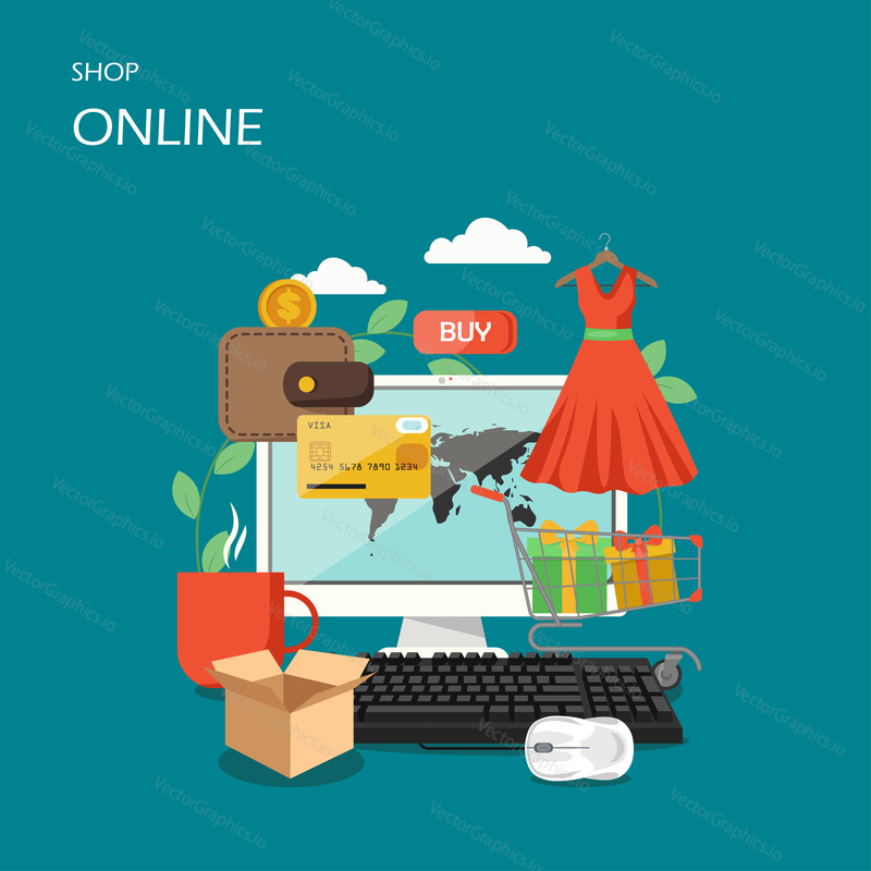 Online shop vector flat style design illustration. Computer, shopping cart with gift boxes, dress, credit card, purse with coin etc. Internet store, e-commerce concept for web banner, website page.