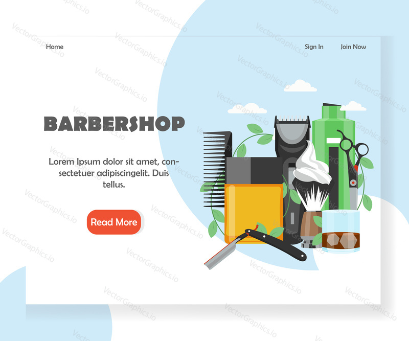 Barbershop landing page template. Vector flat style design concept for barber website and mobile site development. Comb, aftershave, straight razor, shaving brush, hair clipper, scissors, shampoo.