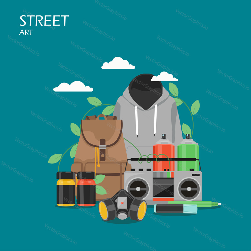 Street art vector flat style design illustration. Paint spray cans and jars, markers, hoodie, mask, backpack. Graffiti art tools and accessories for web banner, website page etc.