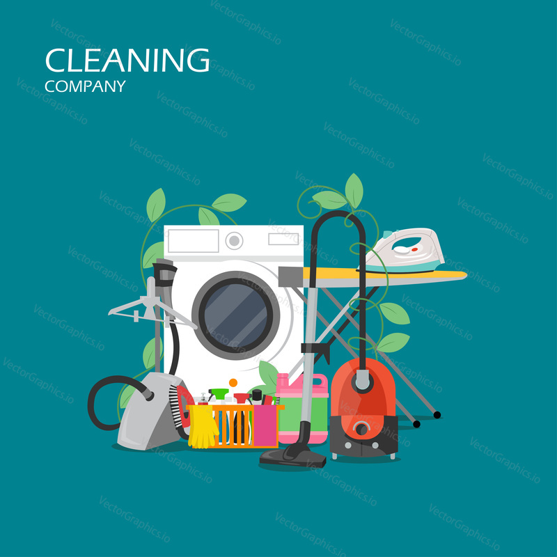 Cleaning company service vector flat illustration. Vacuum cleaner, washing machine, iron, brush, basket with detergents. Cleaning and laundry services concept for web banner, website page etc.
