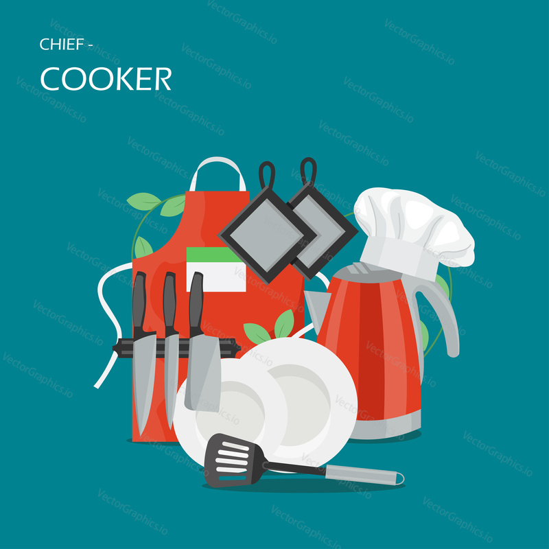 Chief-cooker vector flat style design illustration. Apron, kettle with chef hat, kitchen knives, plates, spatula and potholders. Kitchen utensils concept for web banner, website page etc.
