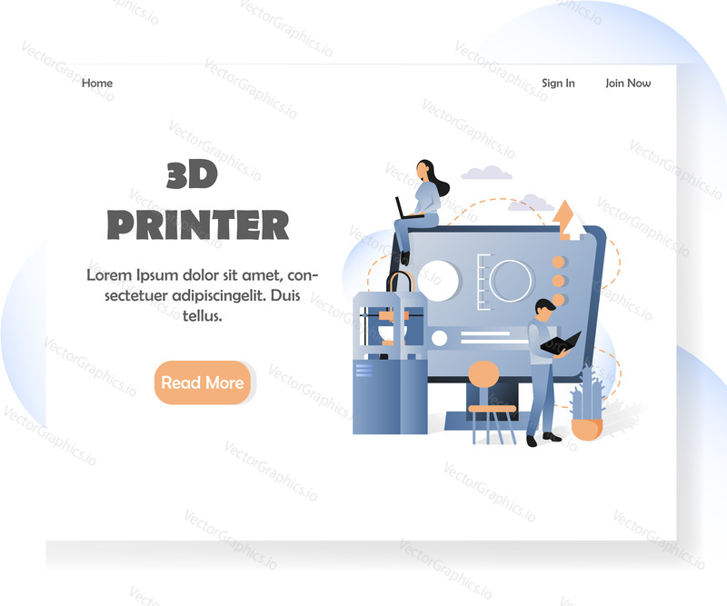 3D printer landing page template. Vector illustration of 3D printer building object from digital computer model. Additive manufacturing technology concept for website and mobile site development.
