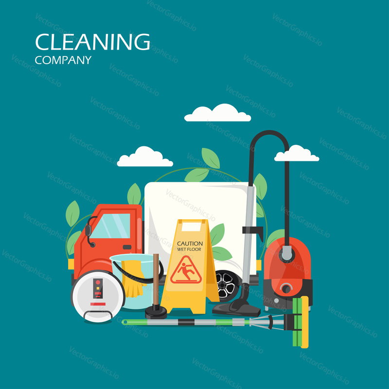 Cleaning company services vector flat illustration. Vacuum cleaner, caution wet floor sign, car, bucket, sponge mop. Floor cleaning equipment concept for web banner, website page etc.