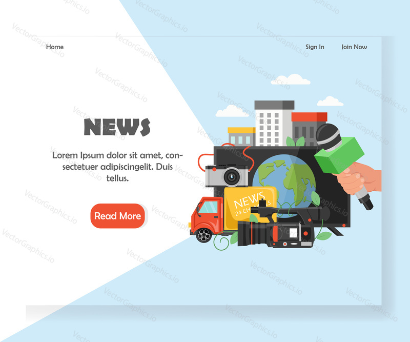 News landing page template. Vector flat style design concept for live hot breaking news website and mobile site development. Hand holding microphone, tv news channel car van, mass media equipment.