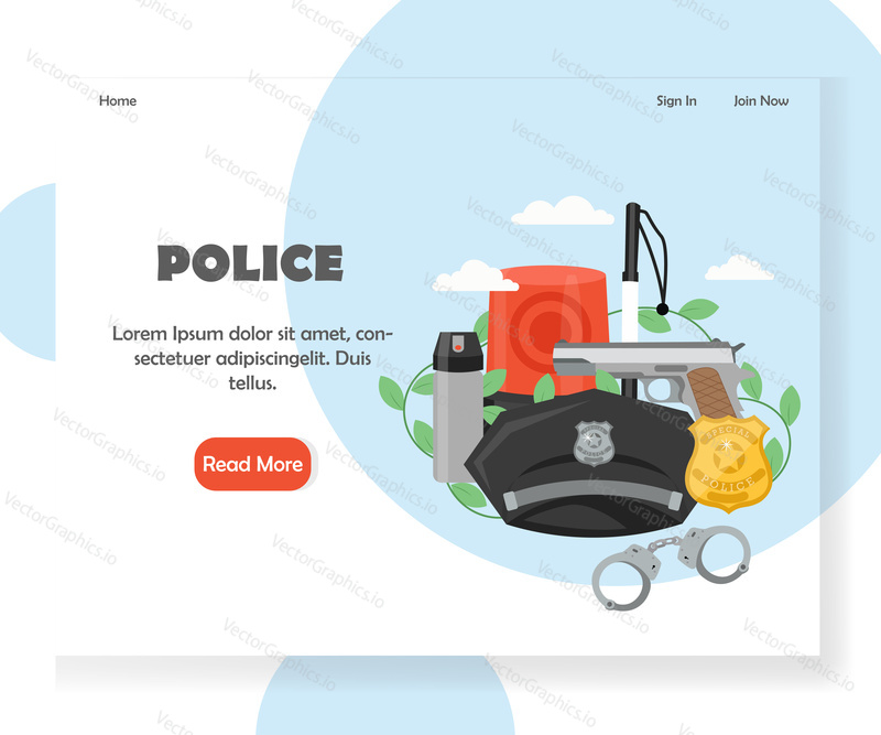 Police landing page template. Vector flat style design concept for force website and mobile site development. Police officer hat, badge, baton, gun, handcuffs, siren, pepper spray.