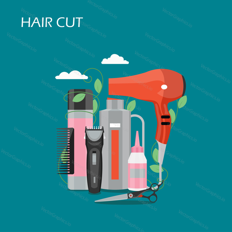 Hair cut vector flat illustration. Comb, hairdryer, scissors, hair clipper and other hairdressing accessories. Barber shop, haircut and beauty salons concept for web banner, website page etc.