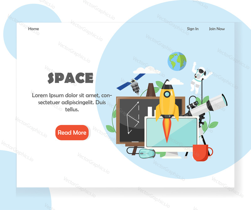 Space landing page template. Vector flat style design concept for space website and mobile site development. Telescope, satellite, rocket, astronaut, chalkboard, planet Earth, computer etc.