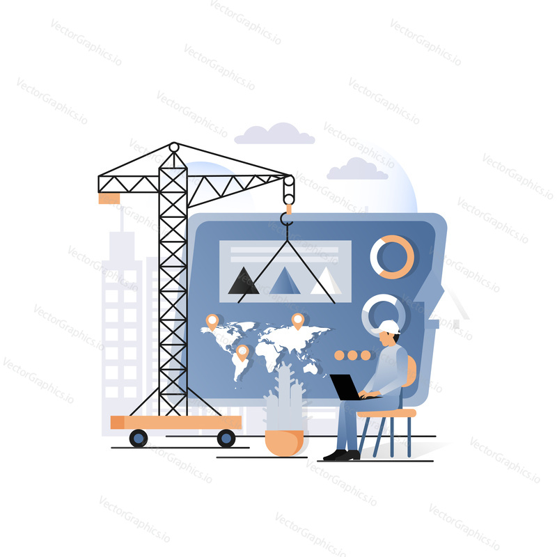 Vector illustration of construction crane building business activity diagram on dashboard. Business building, data analysis concepts for web banner, website page, presentation etc.