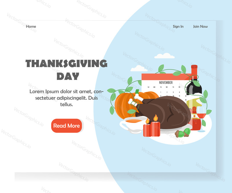 Thanksgiving Day landing page template. Vector flat style design concept for website and mobile site development. Traditional roasted turkey, red wine, acorns, pumpkin, candles and calendar.
