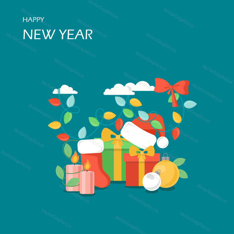 Happy New Year vector flat style design illustration. Santa hat, gift boxes, candles, christmas stocking and balls. Winter holidays composition for greeting card, web banner, website page etc.
