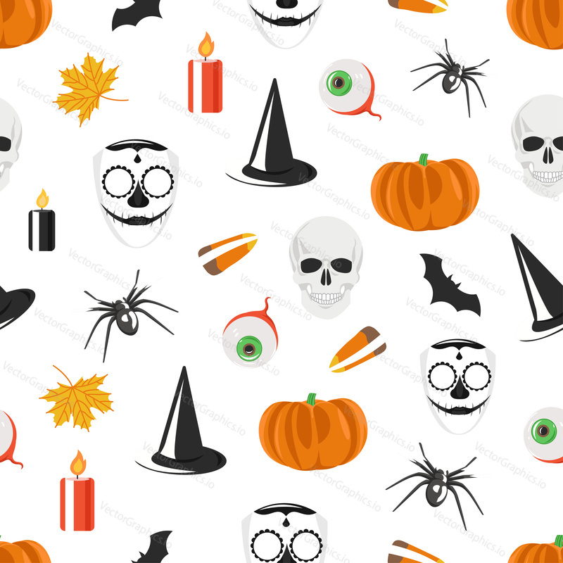 Vector seamless pattern with Halloween symbols pumpkin, sugar skull mask, eye, bat, candle, candy corns, spider, human skull, maple leaf and witch hat. Halloween holiday background wallpaper wrap etc.