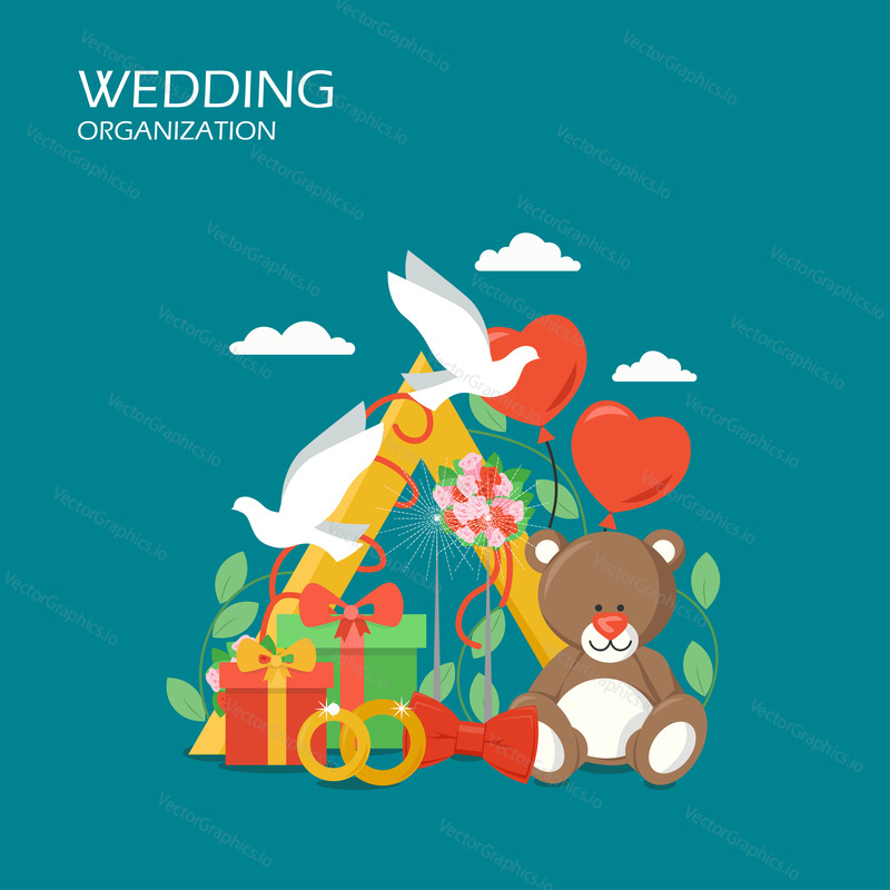 Векторная плоская иллюстрация организации свадьбы. Два голубя, кольца, воздушные шары, подарочные коробки, букет цветов, плюшевый мишка, красный галстук-бабочка. Концепция услуг свадебного агентства для веб-баннера, страницы сайта и т.д.
