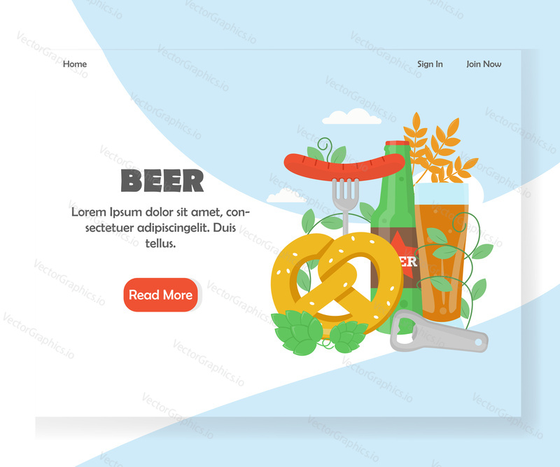 Beer landing page template. Vector flat style design concept for beer festival, party, Oktoberfest website and mobile site development. Beer with grilled bavarian sausage and pretzel.