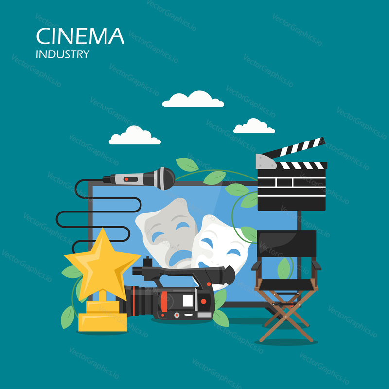 Cinema industry vector flat illustration. Clapperboard, camcorder, tv with tragedy and comedy masks on screen, microphone, film festival trophy. Cinematography concept for web banner, website page etc