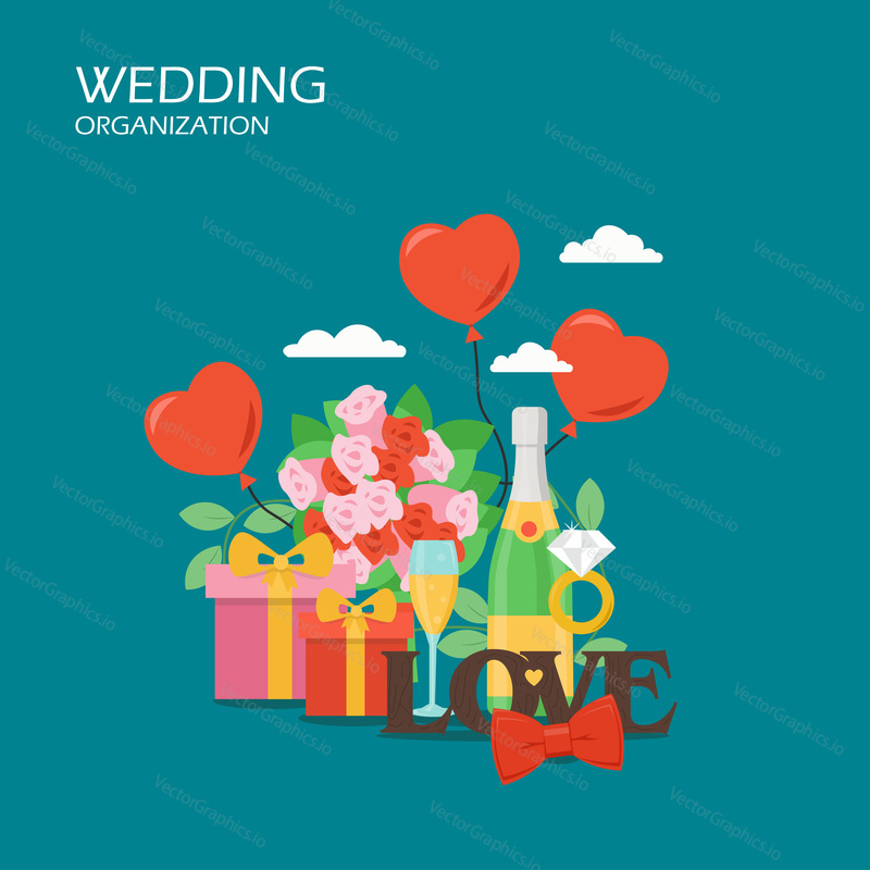 Vector flat illustration of ring with diamond, heart shaped balloons, gift boxes, bouquet of flowers, champagne, red bow tie. Wedding organization services concept for web banner, website page etc.