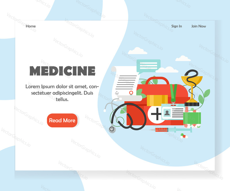 Medicine landing page template. Vector flat style design concept for medical website, mobile site development. First aid kit, doctor ID badge, medical prescription, stethoscope, syringe, pills bottle.