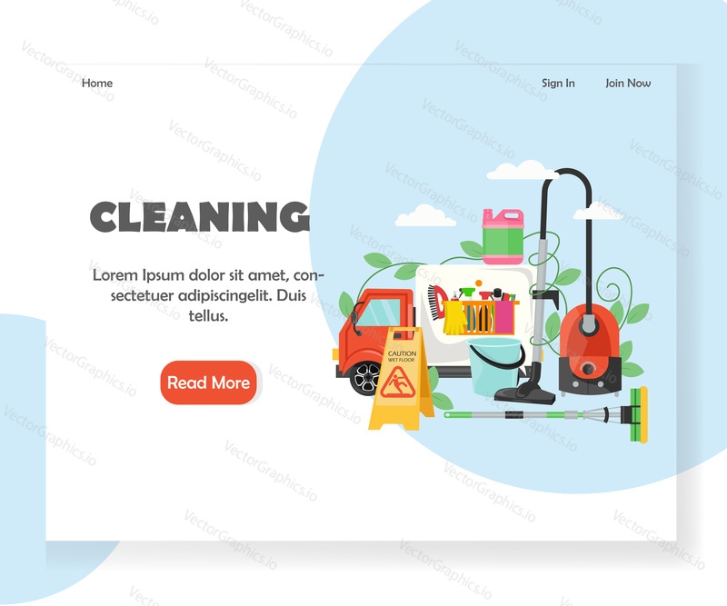 Cleaning landing page template. Vector flat style design concept for website and mobile site development for companies providing commercial and residential cleaning services.