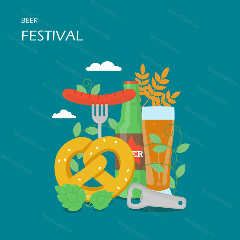 Beer festival vector flat illustration. Bottle and mug of beer, pretzel, wheat ears, hops, fork with sausage, bottle opener. Oktoberfest celebration concept for web banner, website page etc.