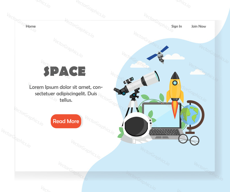 Space landing page template. Vector flat style design concept for space website and mobile site development. Telescope, satellite, rocket, astronaut helmet, globe and laptop.