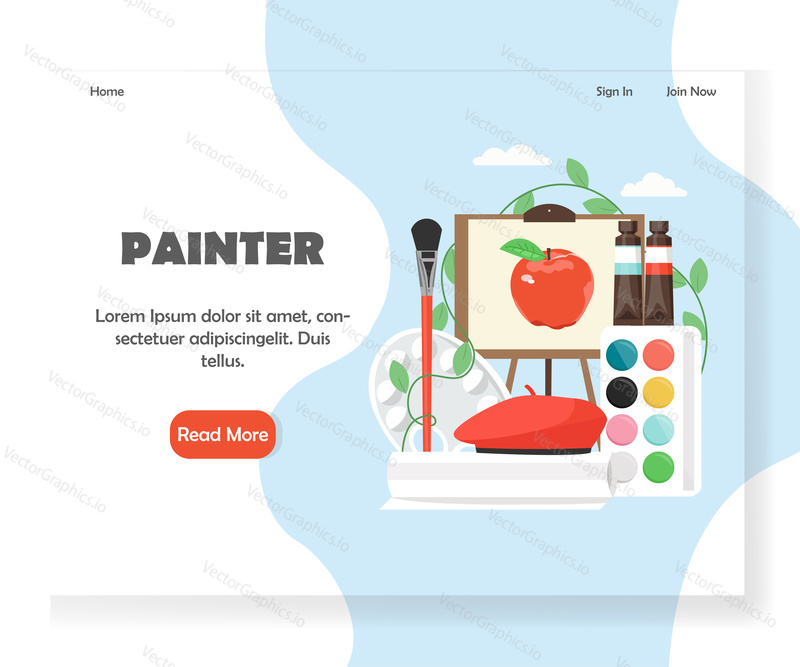 Painter landing page template. Vector flat style design concept for artist website and mobile site development. Painting tools and accessories.
