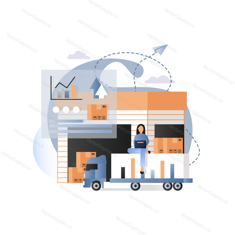 Vector illustration of warehouse, female sitting on delivery truck with bar diagram, parcels, statistics bar graphs and charts, paper plane. Worldwide delivery concept for web banner, website page etc