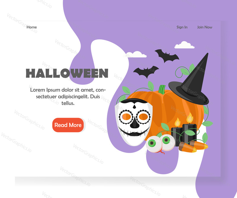 Halloween landing page template. Vector flat style design concept for Halloween website and mobile site development. Pumpkin, sugar skull mask, eyes, bats, candles, candy corns and witch hat.