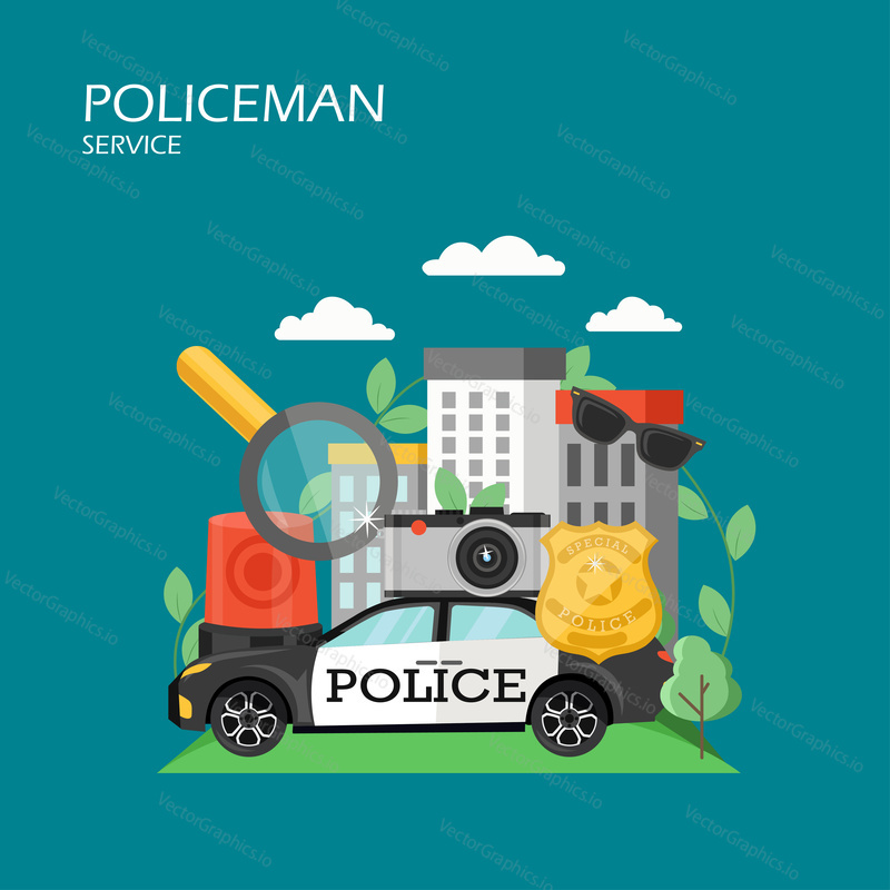 Vector flat style design illustration of police officer badge, sunglasses, siren, patrol car, magnifying glass, photo camera, city buildings. Policeman services concept for web banner, website page.