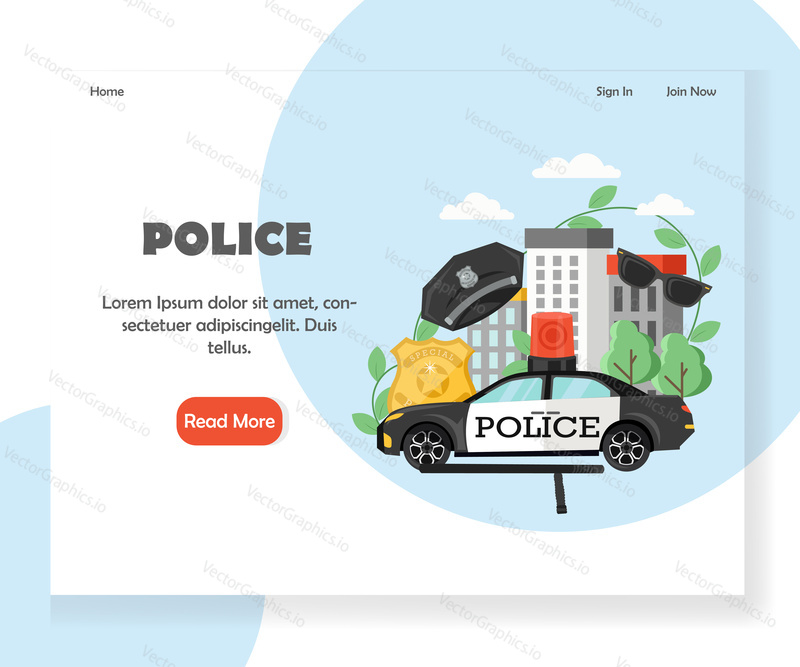 Шаблон целевой страницы полиции. Векторная концепция дизайна в плоском стиле для веб-сайта force и разработки мобильных сайтов. Шляпа полицейского, значок, солнцезащитные очки, клубная и городская патрульная машина.