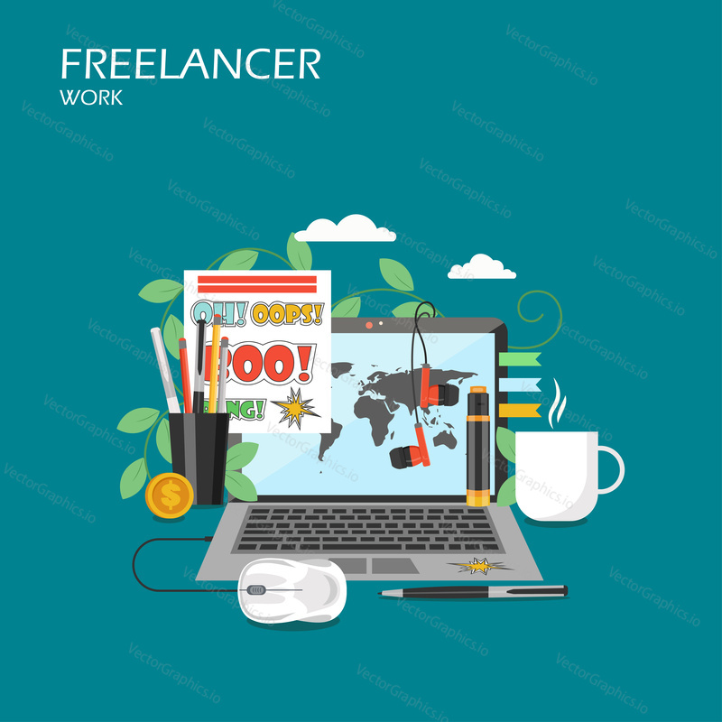 Freelancer work vector flat style design illustration. Laptop, mouse, earphones, dollar coin, cup of tea, stationery. Freelance service concept for web banner, website page etc.